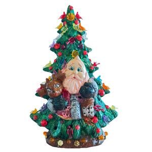 ODD Handmade Flat Ceramic Christmas Tree Dove Pegs Rudolph Glitter 13" Kitschy